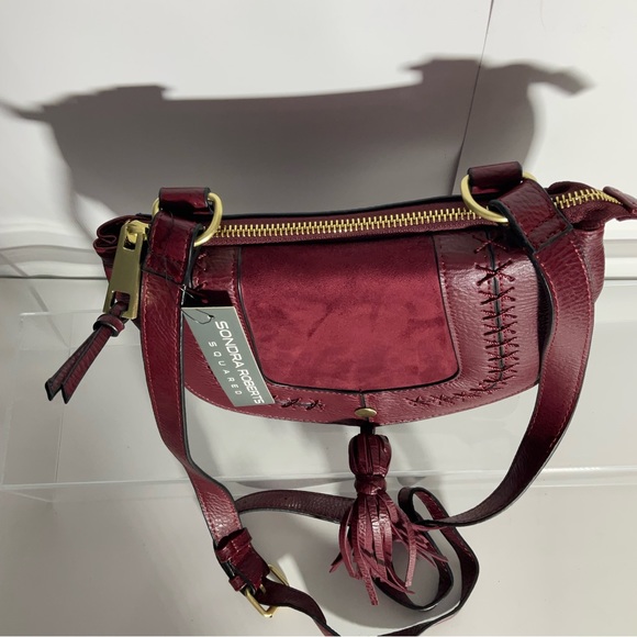 Sondra Roberts Squared Crossbody Saddle Bag Burgundy Suede Faux Leather Tassel - Picture 16 of 16